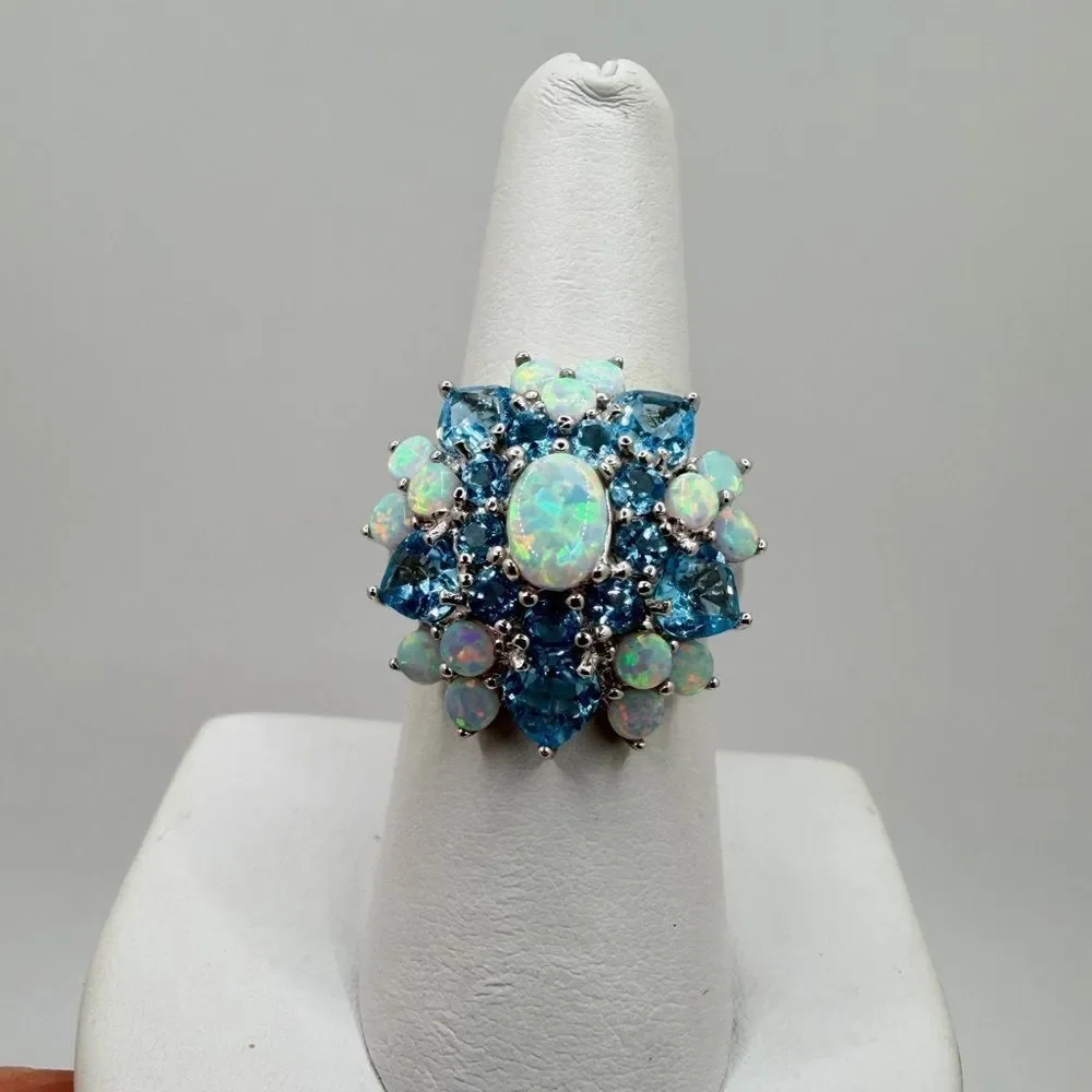 NWT Lab created‎ Opal, genuine blue topaz STATEMENT ring in sterling silver!